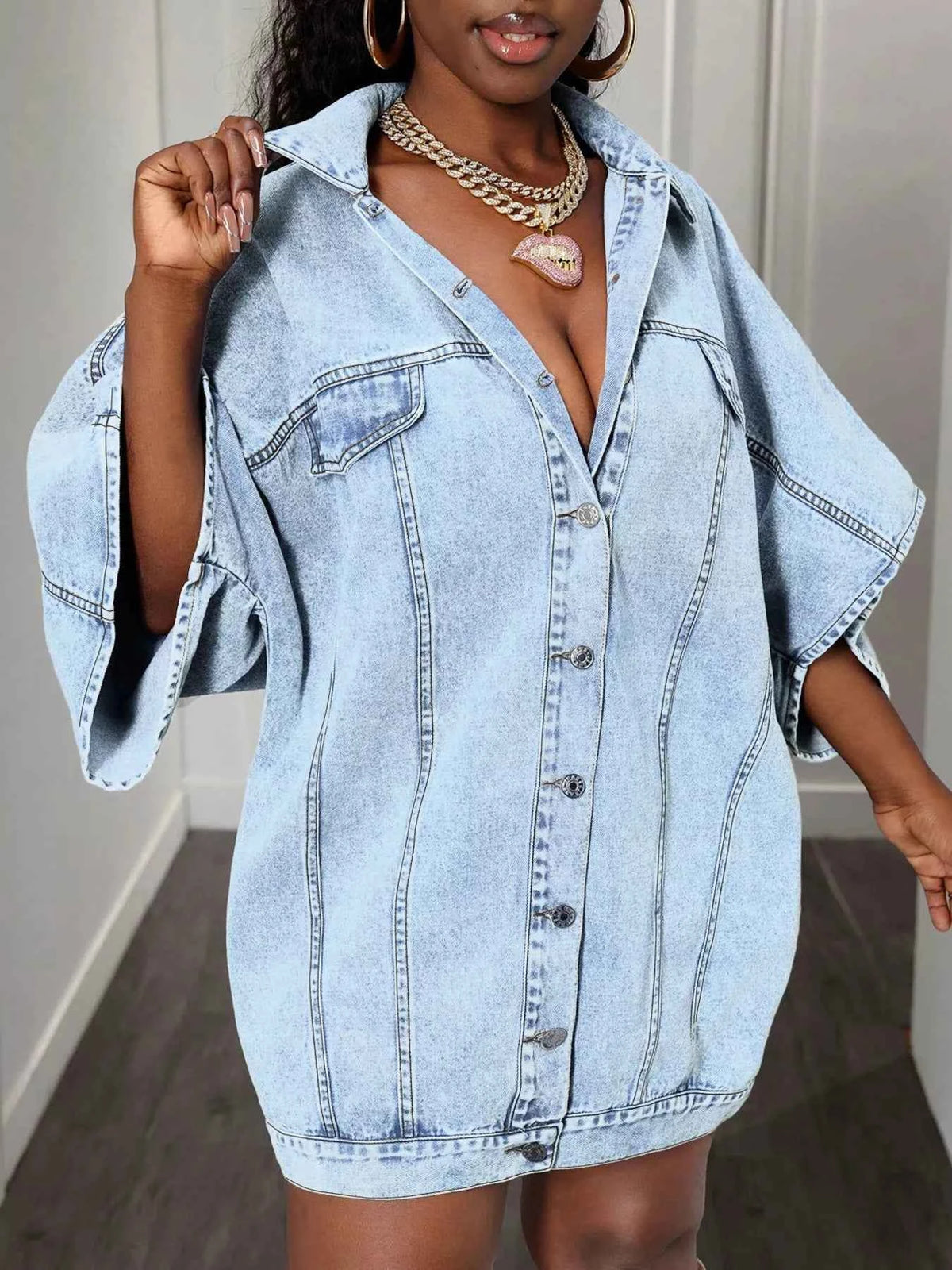 MayneAttraction Oversized Batwing Sleeve Denim Top