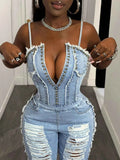 MayneAttraction The Blueprint Distressed Spaghetti Strap Wide-Leg Denim Jumpsuit